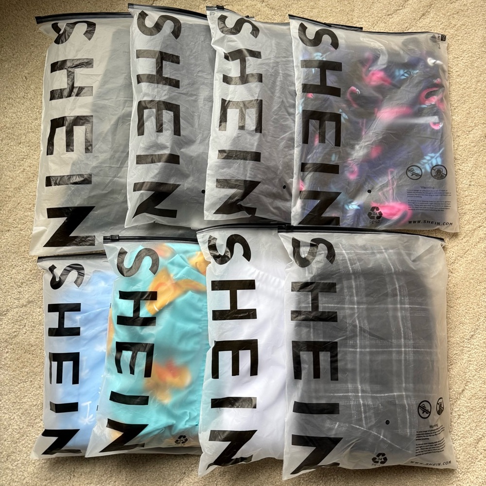 SHEIN Men's Bundle- 3 swim suits, 3 shorts, 2 pants. Size Large.